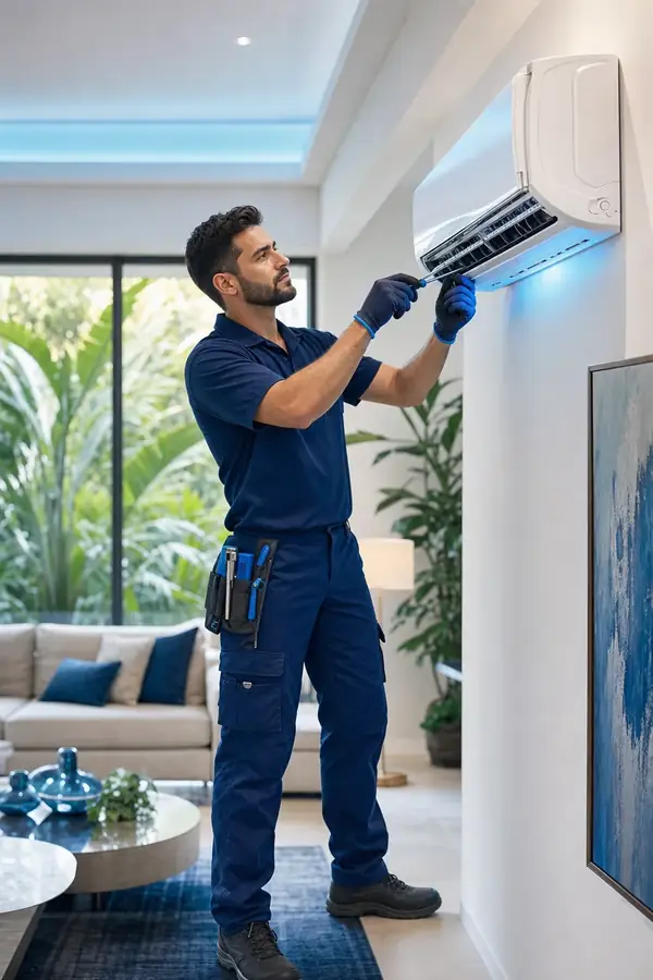 Técnico certificado de Polar Ice Guayaquil instalando un aire acondicionado Inverter en una vivienda moderna